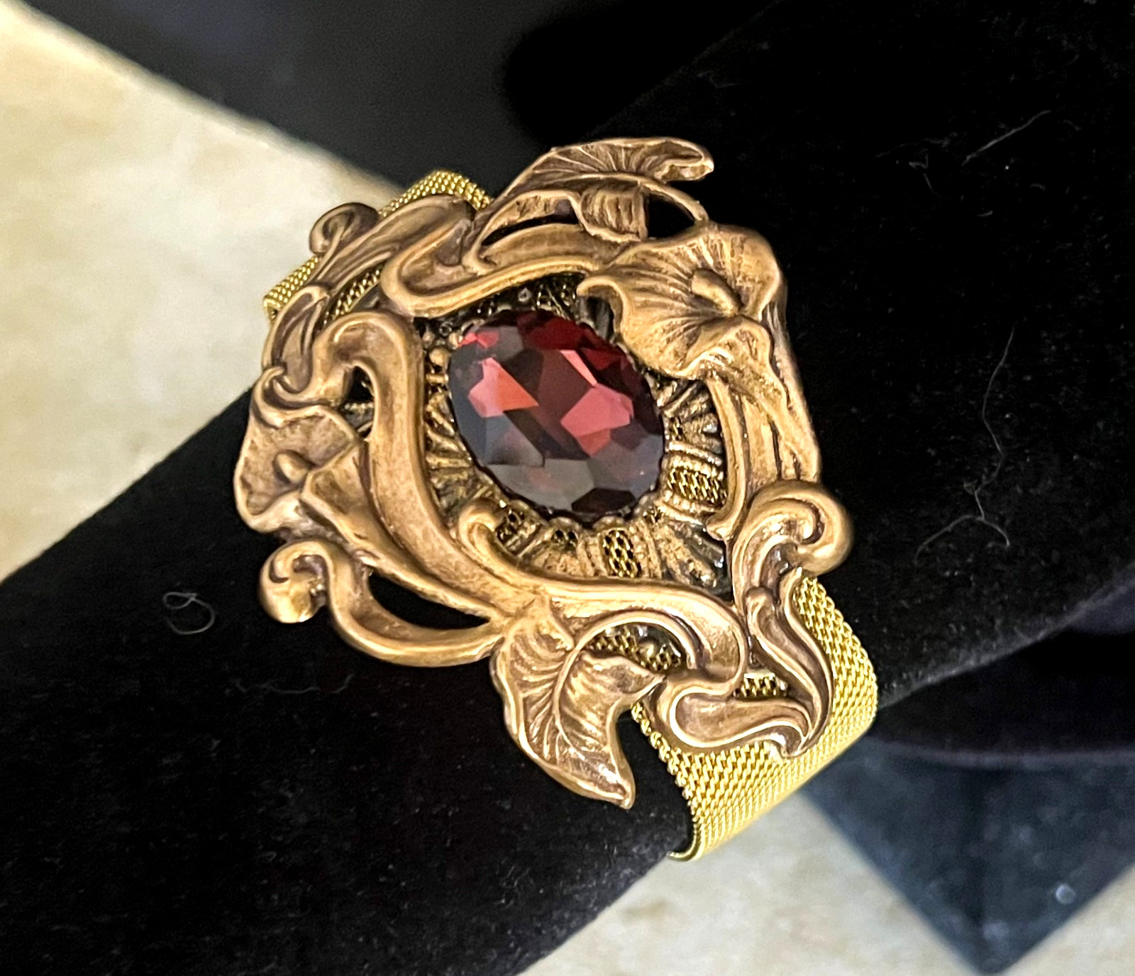 Art Nouveau Flower Bracelet Brass Calla Lily Mesh Cuff Art Nouveau Jewelry