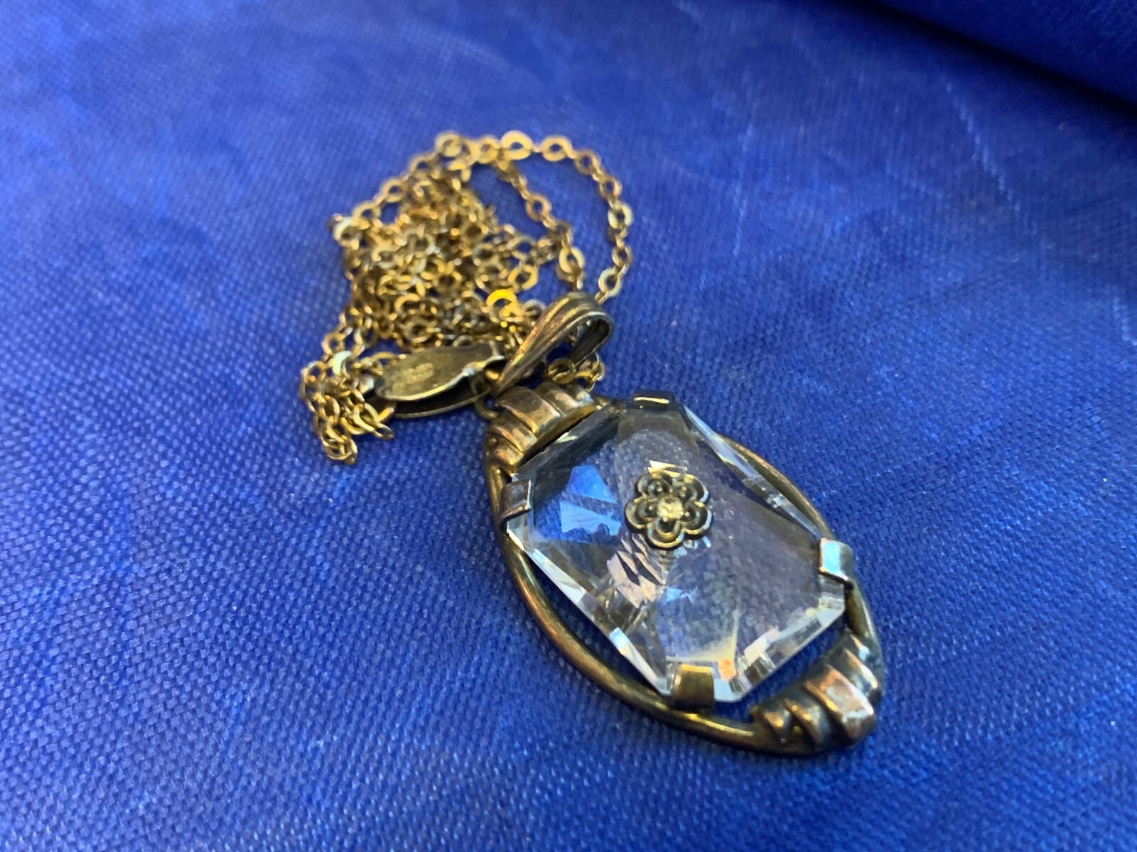 Vtg Gold Filled Necklace 18″ Jewelry Cable Chain Clear Stone Pendant