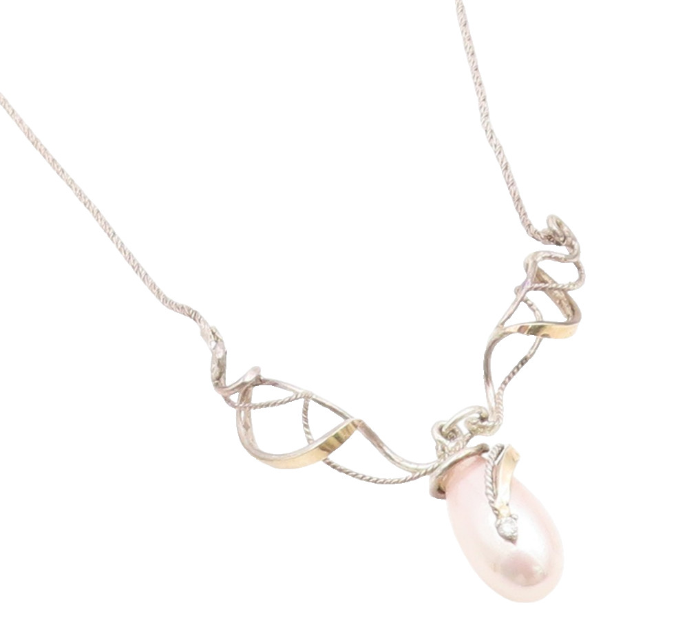 14k Gold & 925 Sterling Silver Vintage Necklace Elegant Pearl & CZ Drop NE4861