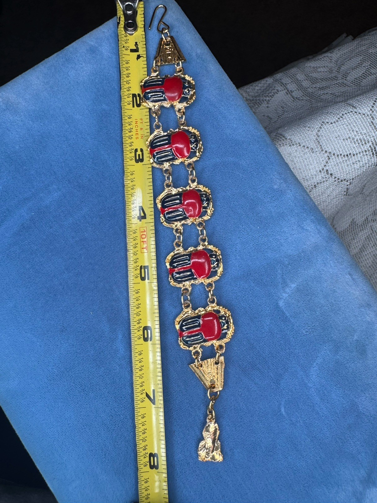 Gold Tone Double Linked Scarab Bracelet Red And Blue Enamel 7”