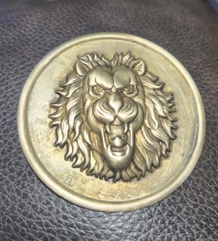 Vintage Lion Head Stamping Brooch Goldtone Base Metal Finish 3 Inches Diameter
