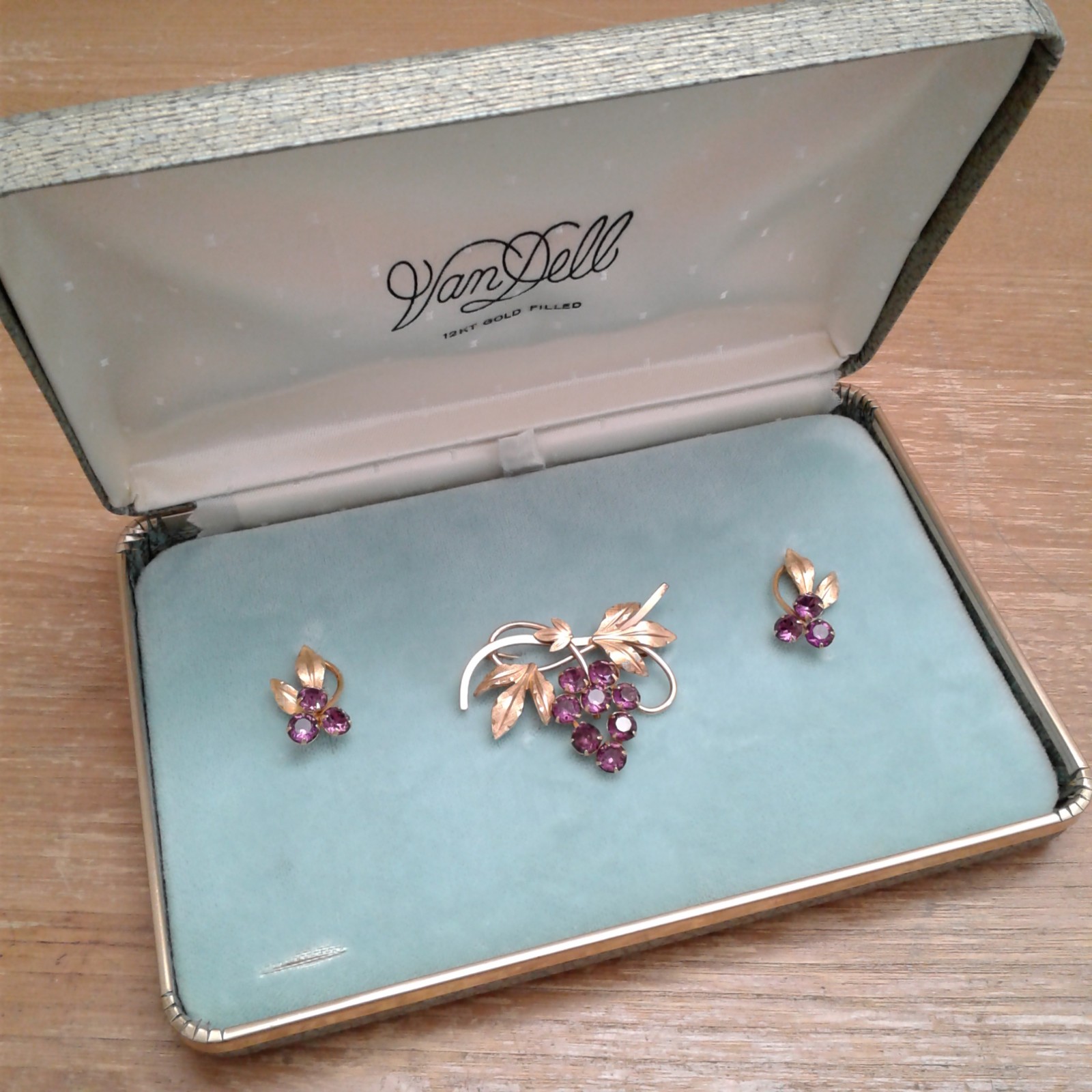 Vintage Amethyst Van Dell 12kt Goldfilled Pin and Earrings Set in Original Box