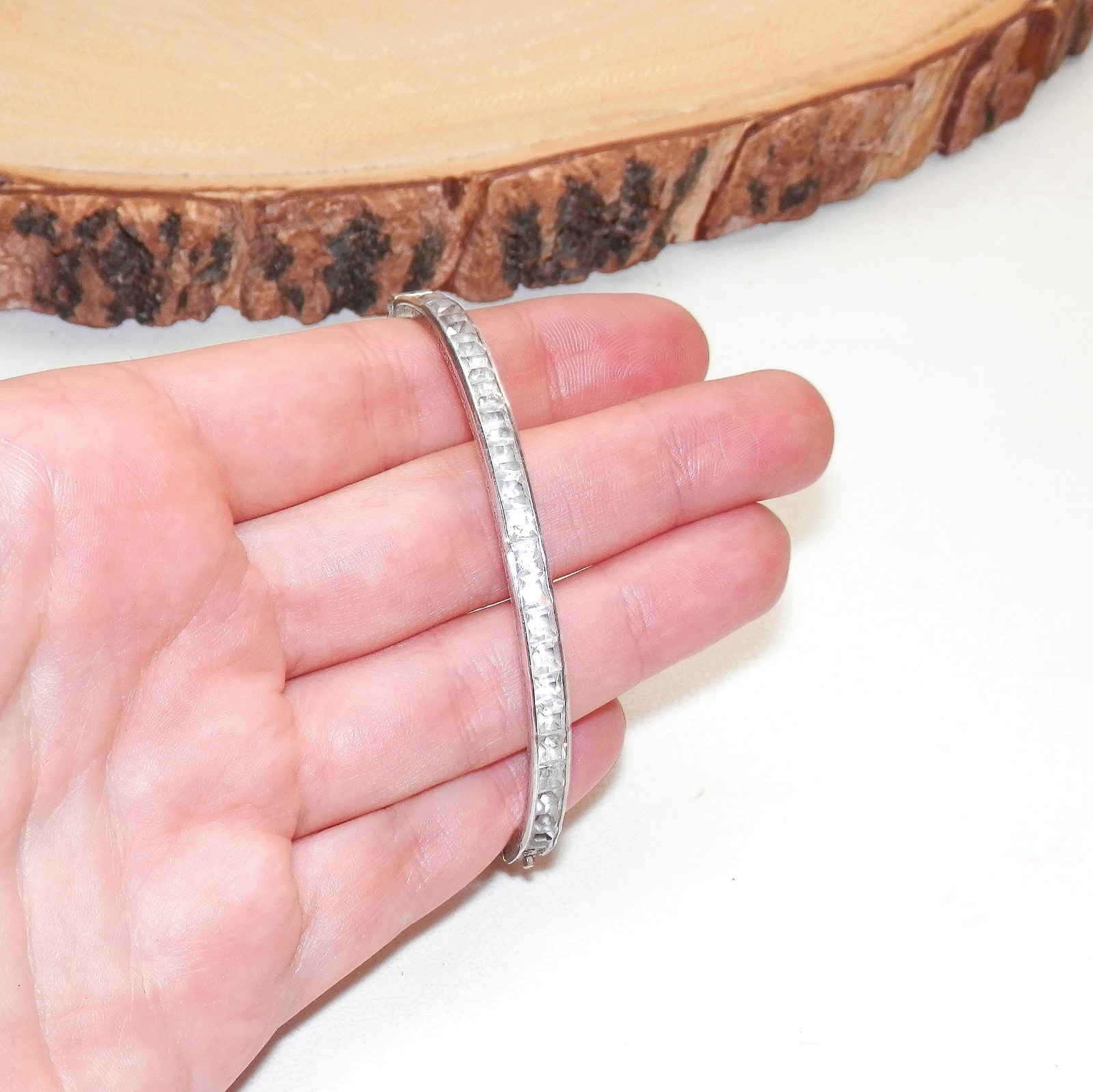Art Deco Sterling Silver 925 Square Rhinestone Antique Hinged Bangle Bracelet