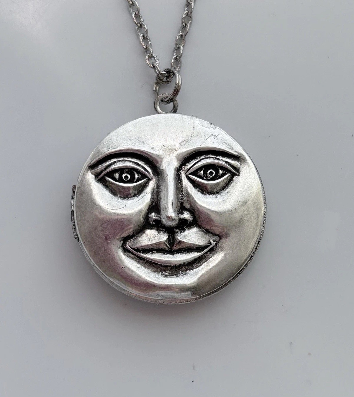 Full Moon Face Locket Necklace Sterling Silver Chain Secret Pillbox Vtg Pendant