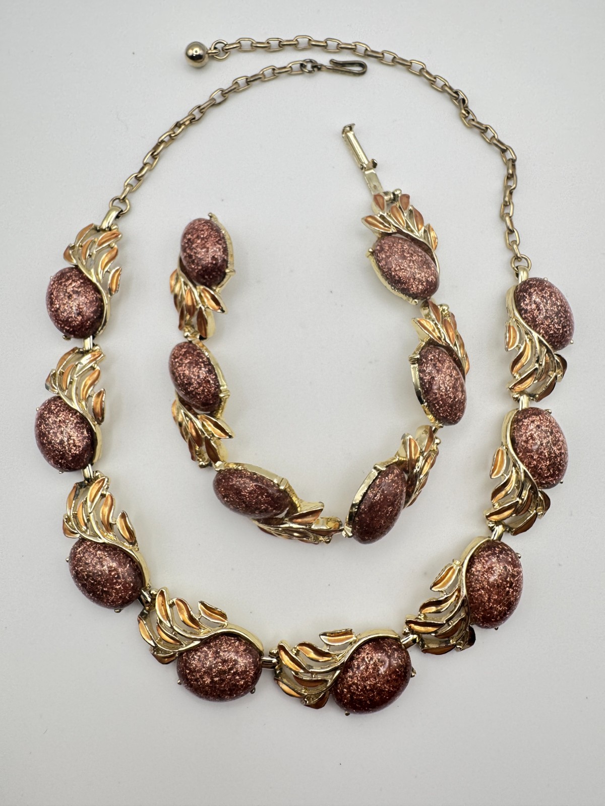 Vtg Speckled Necklace Bracelet Set Gold Tone Faux Goldstone & Enamel Panel 17″