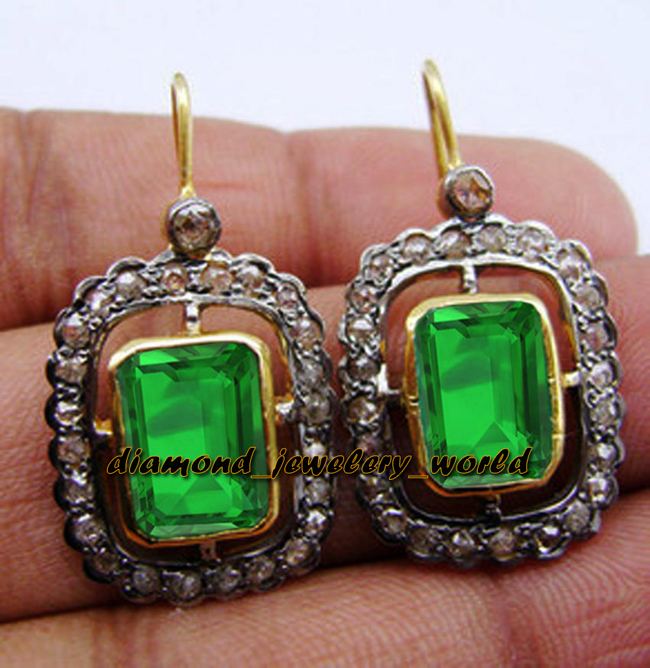 1.66ctw Rose Cut Diamond Emerald Studded Silver Vintage Gorgeous Earring Jewelry