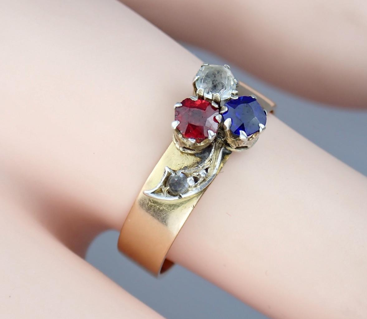 Charming Antique Victorian 14K Rose Gold Red White Blue Paste Floral Ring Size 8