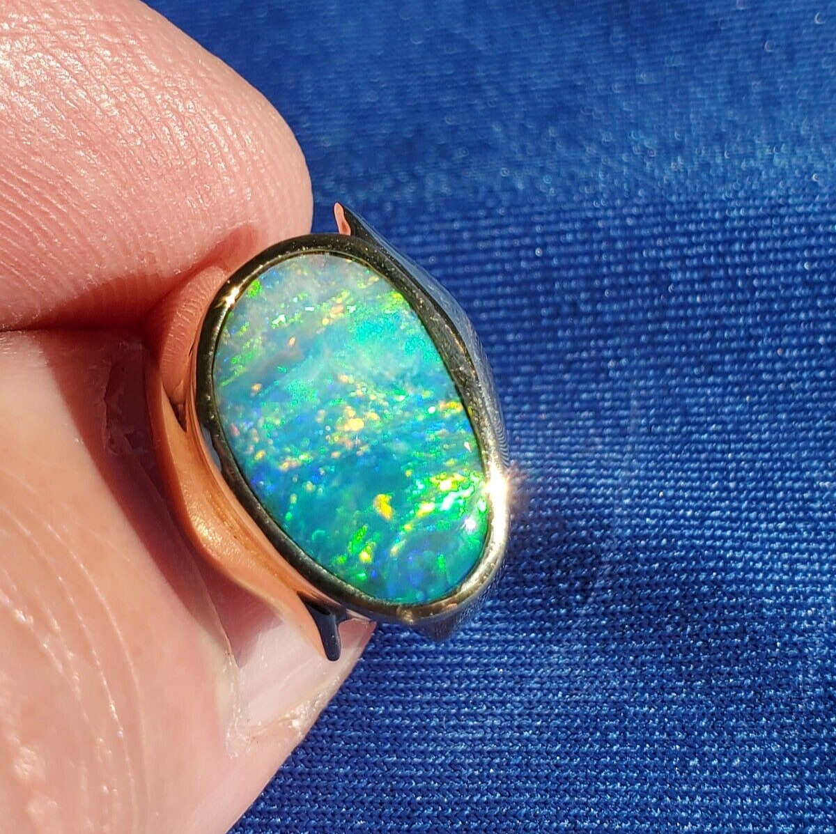 Original EARTH MINED Black OPAL Deco Ring Designer Hand made SOLID 14K GOLD 6.25