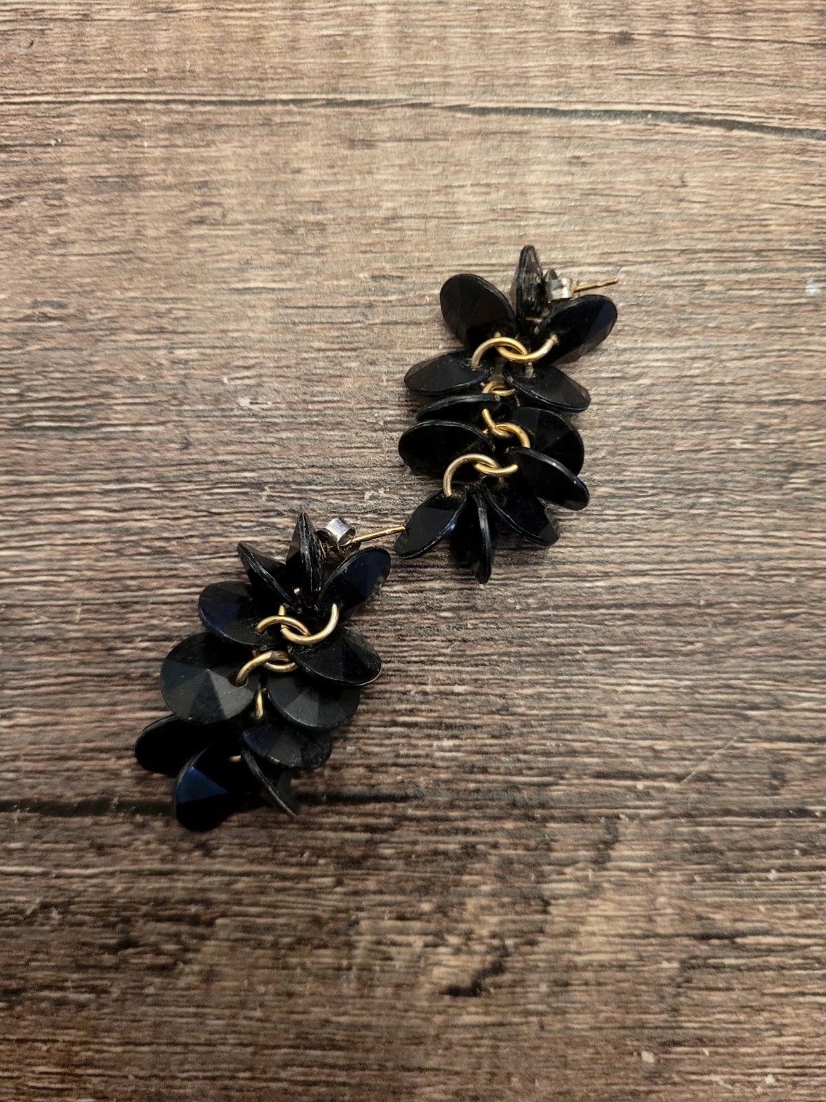 Vtg Necklace Black Faceted Beads Multi Strand Necklace And Earrings Set