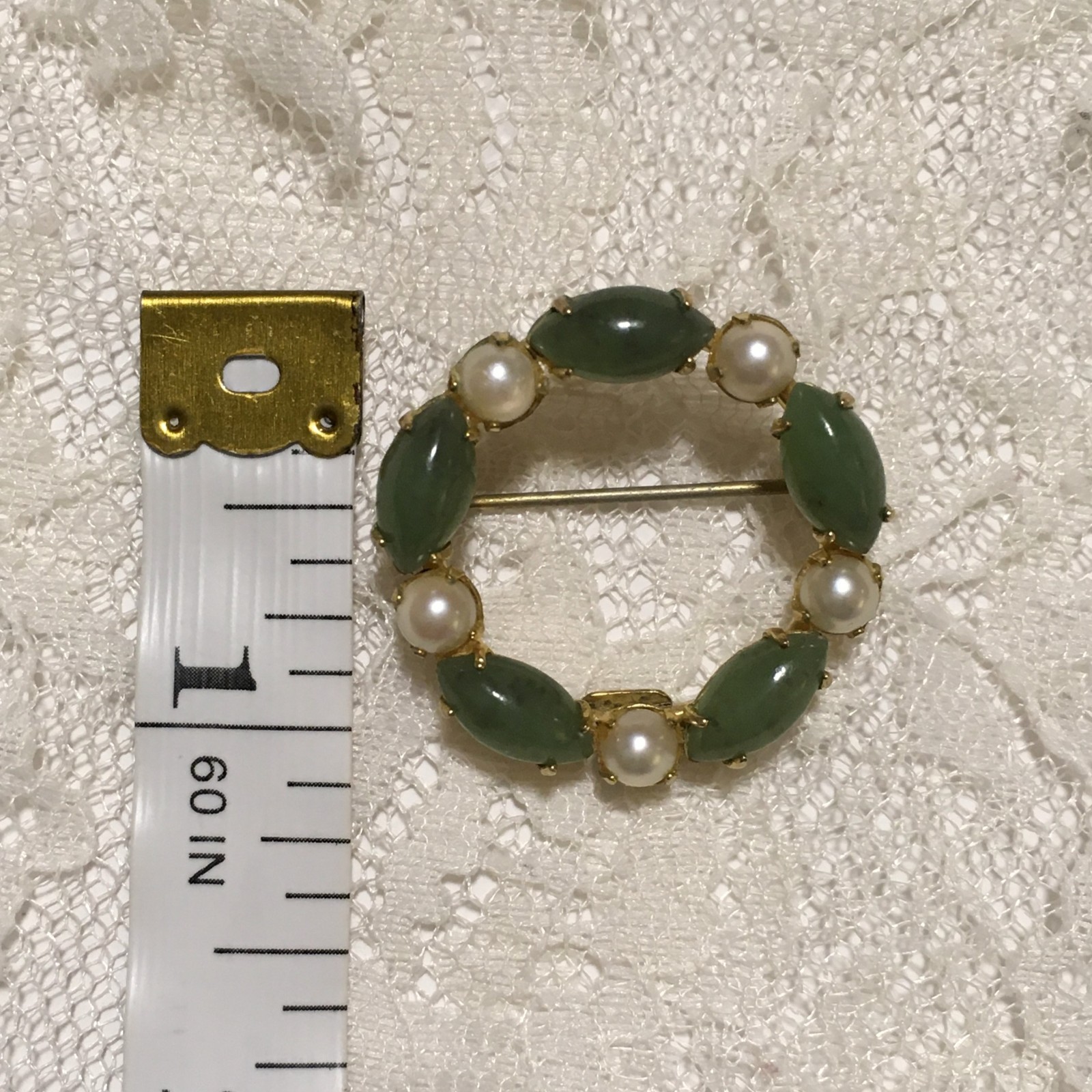 Vintage Sorrento Brooch Gold Filled 1/20 12K GF marked Jade Pearls Spring Brooch