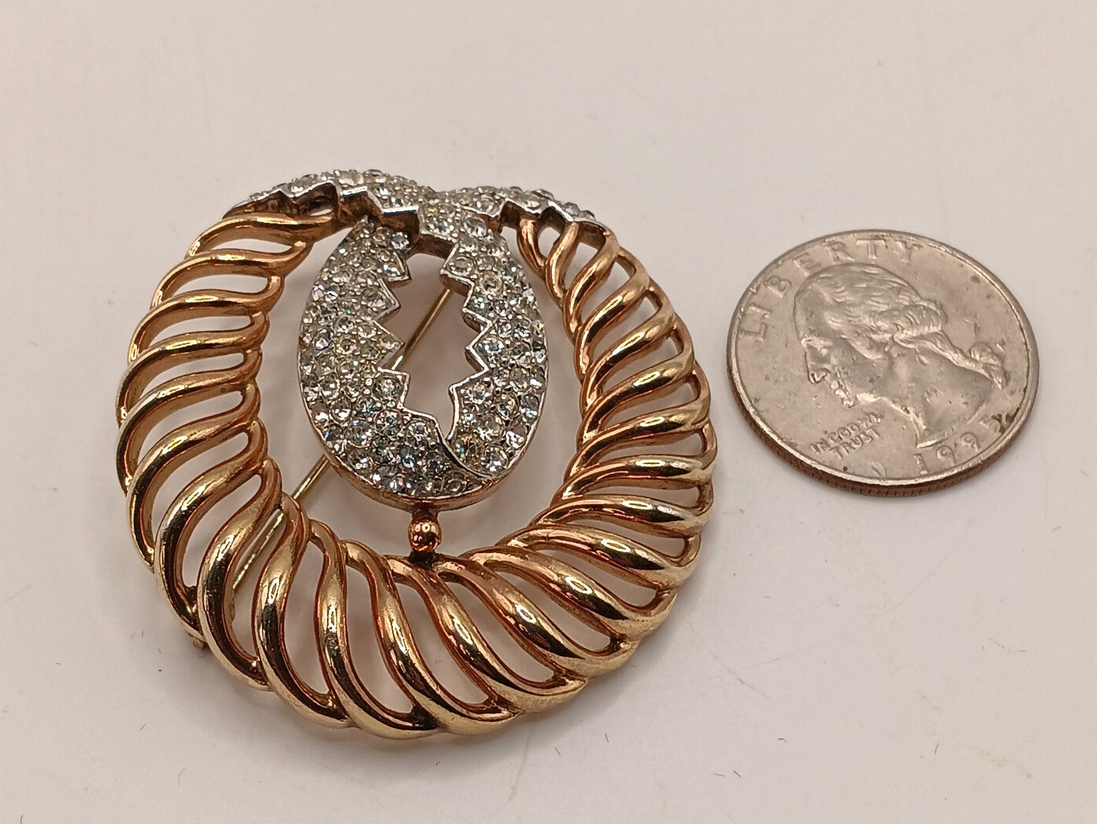 Vintage TRIFARI Pat Pend Rhinestone Swirl Brooch Pin Gold Tone Two Tone Circular