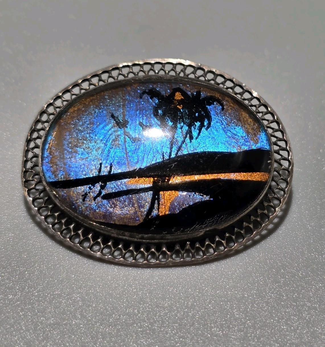 Vintage Butterfly Wing Art Brooch Beach Scene w/ Convex Glass & Sterling Frame