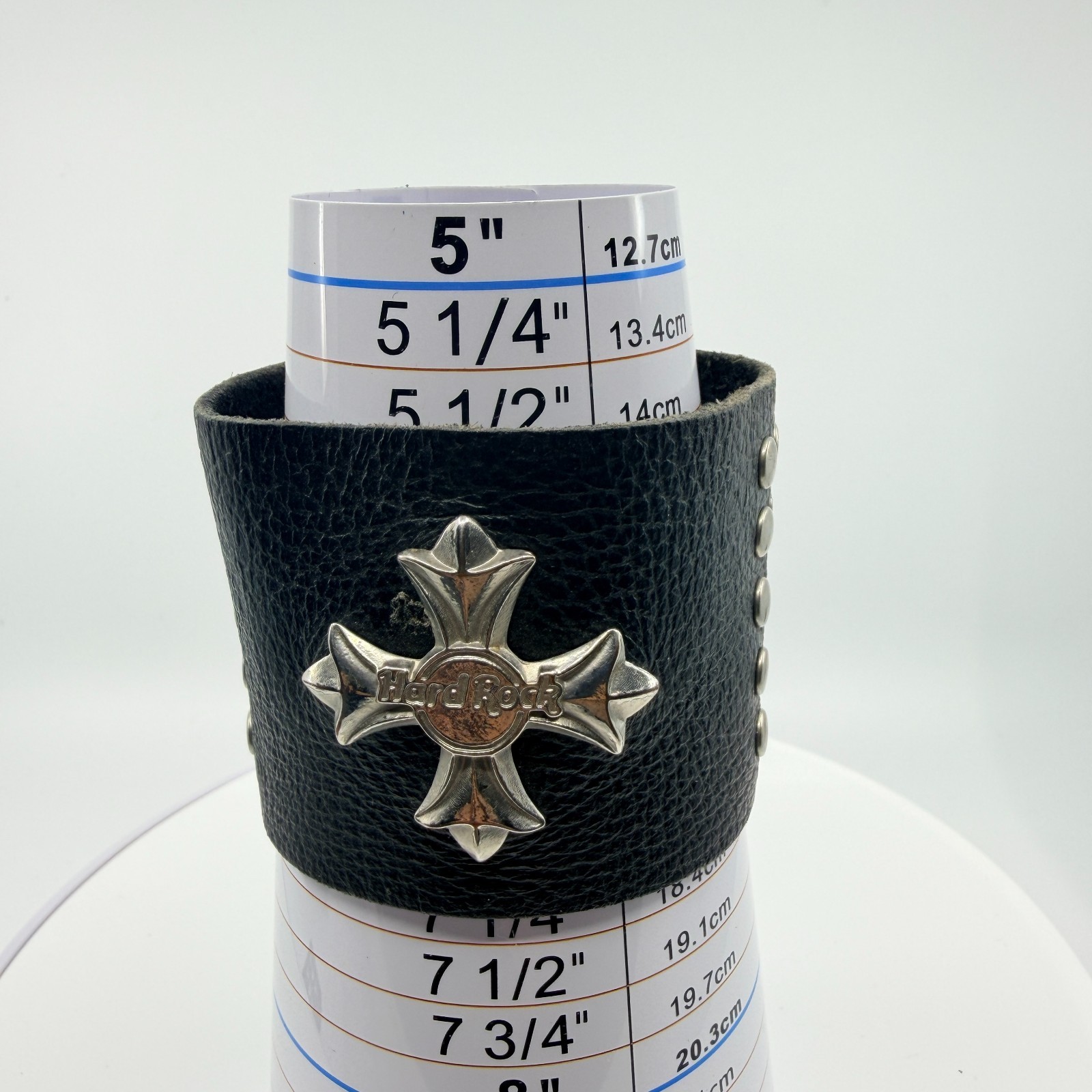 Bracelet Hard Rock Cafe Iron Cross Leather Cuff Black Silver Tone Biker Retro