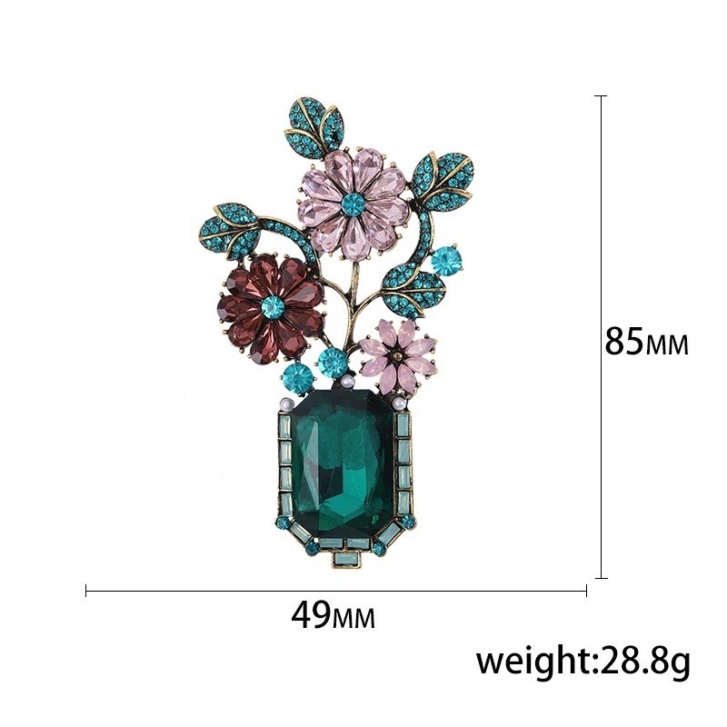 Large Vintage Crystal Rhinestone Flowers in A Green Vase Brooches Pins for Women