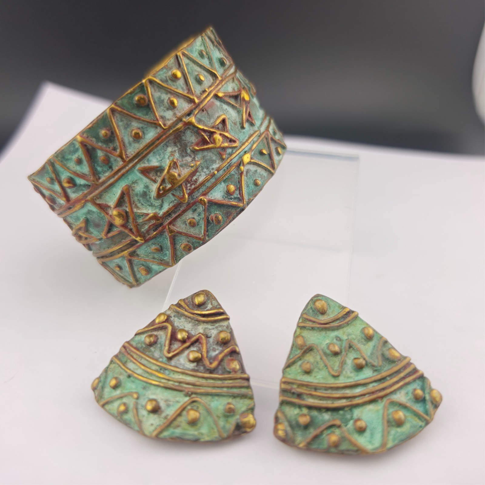 Chunky Vintage Elaine Coyne Verdigris Brass Clip Earrings & Cuff Bracelet Set