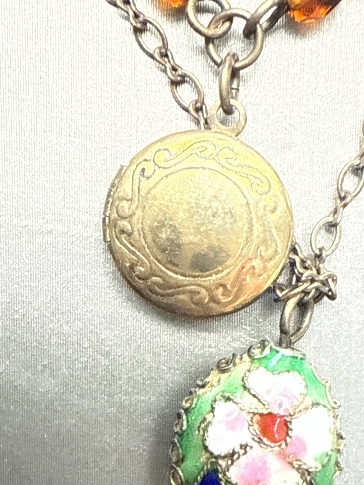 Vintage Necklace Picture Locket Cloisonné Pendant Glass Beads 2 Strand Necklace