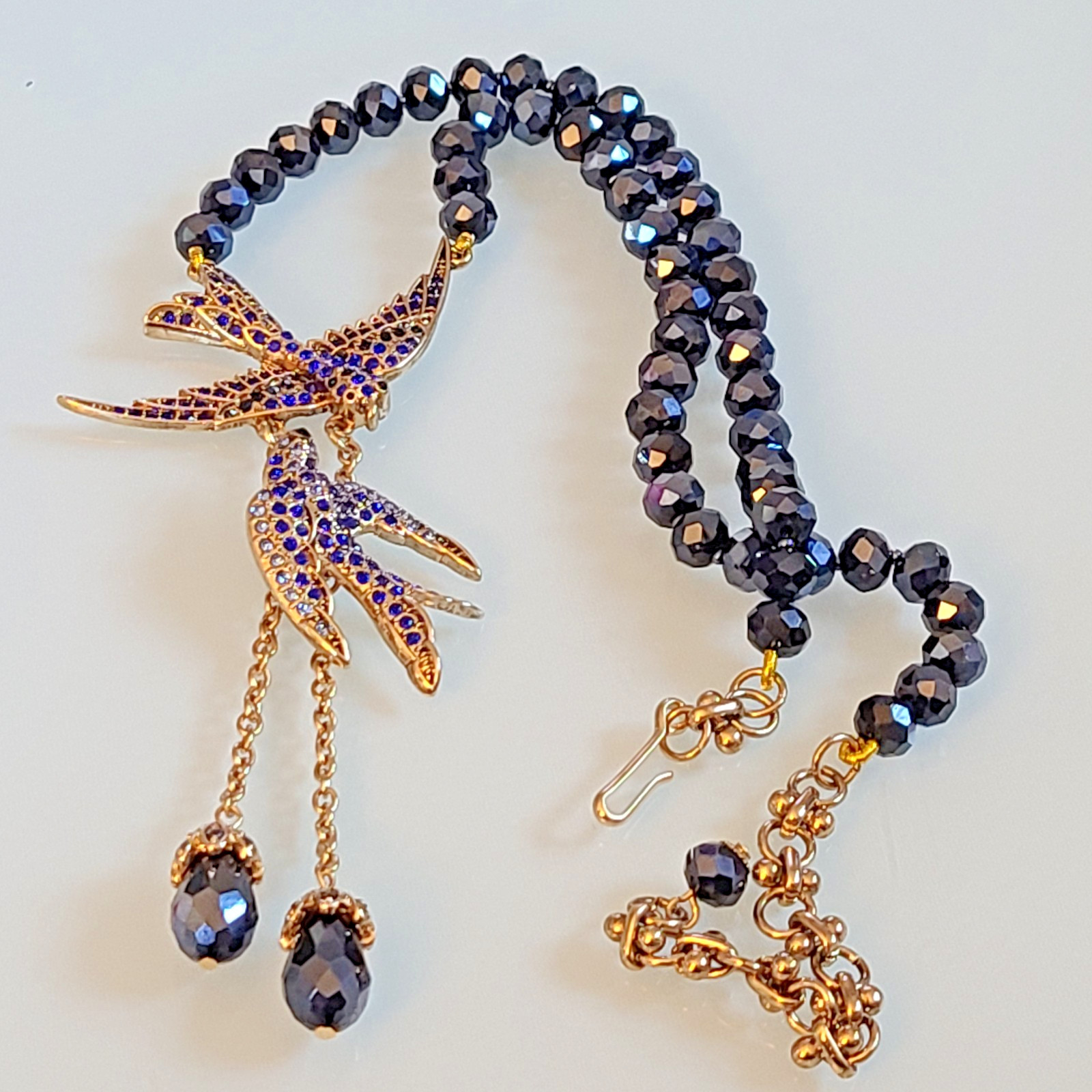 Signed Lihangyuan Twin Flying Birds Necklace Blue Rhinestone Black Bead 5″ Drop