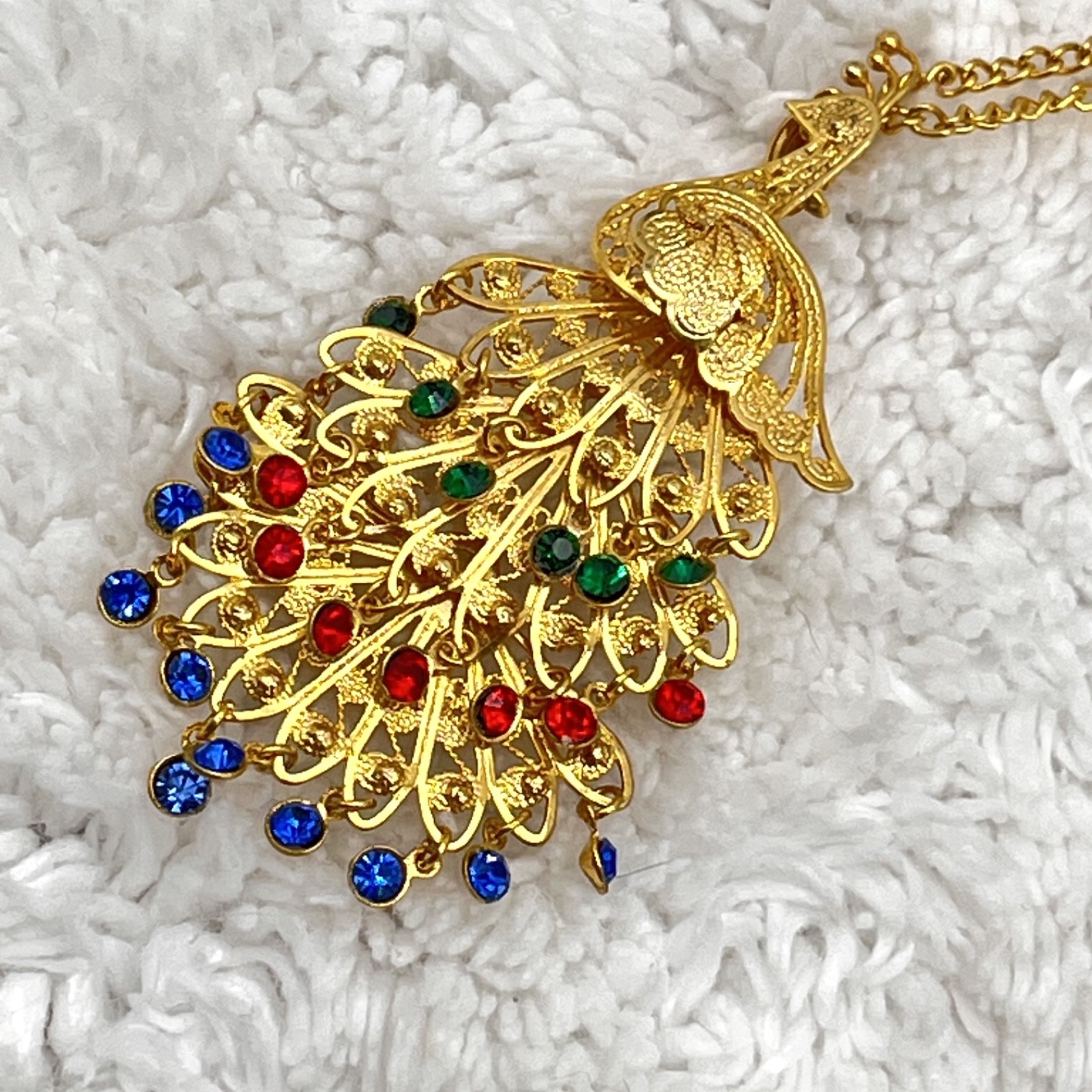 Vintage Peacock Necklace Filigree Pendant Brooch Combo Gold Tone 24″