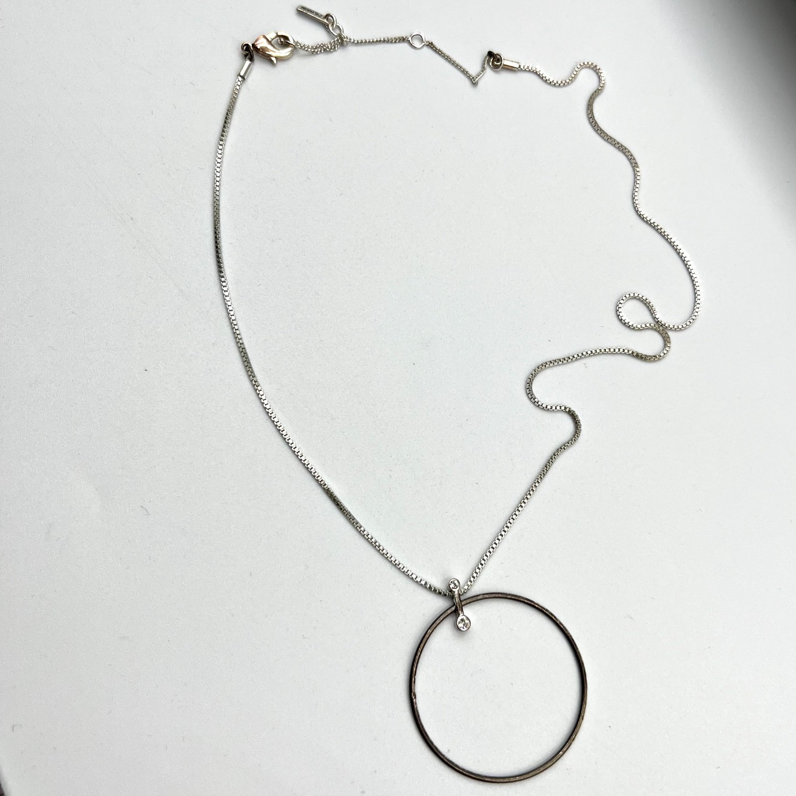 Vintage Pilgrim Silver Tone Circle Crystal Pendant Box Chain Necklace Minimalist