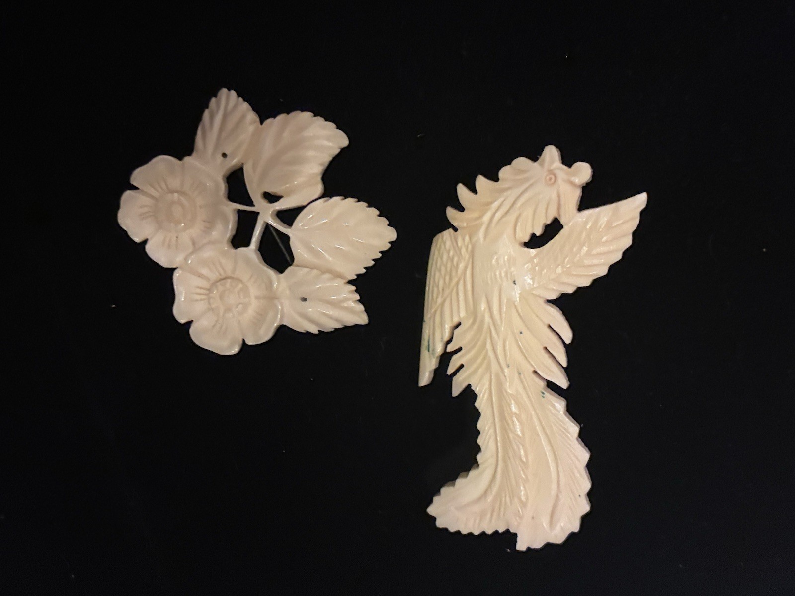 Antique Vintage Bone Brooch Chinese ? Japan? Carved Flower Bird