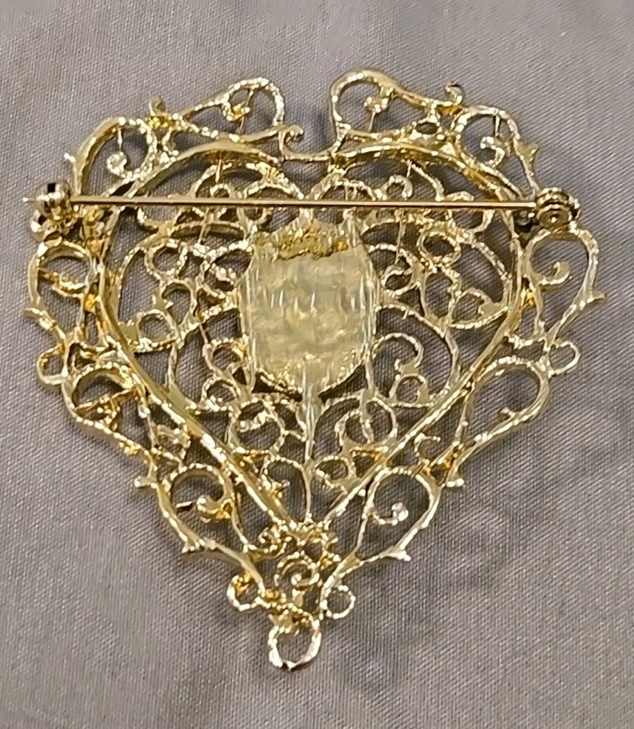 Vintage Faux Pearl Bead, Silvertone & Goldtone Latticework Heart Brooch Pin