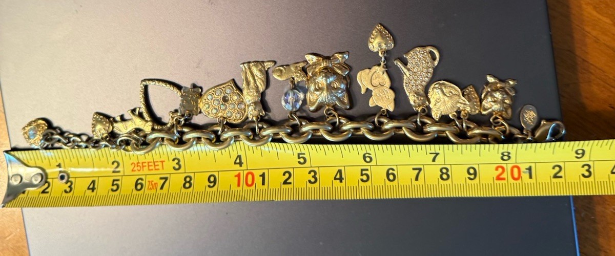 Vintage 1990s Kirks Folly Cat Charm Bracelet Gold Tone Rhinestones 12 Charms