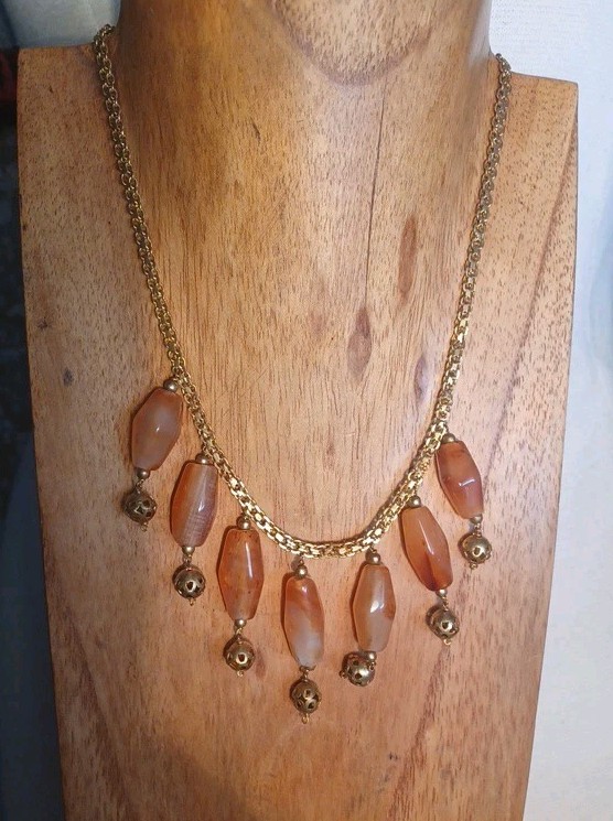 Gemstone Art Festoon Brass Booklink Chain Carnelian Bead Dangle Collar Necklace