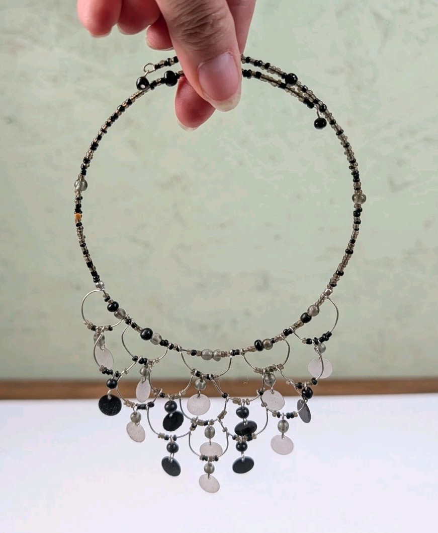 Vintage 90s Y2K Gothic Style Silver Tone Black Beaded Adj Choker Necklace