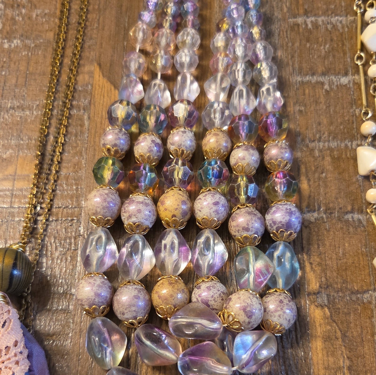 Mixed Lot Women’s Fashion 3 Necklaces Gold Tone Chains Purple Clear White Beads