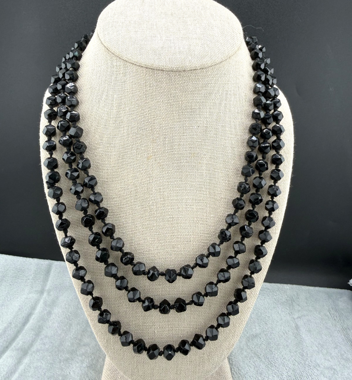 Vintage Black Glass Necklace Layered Multi Strand 60″