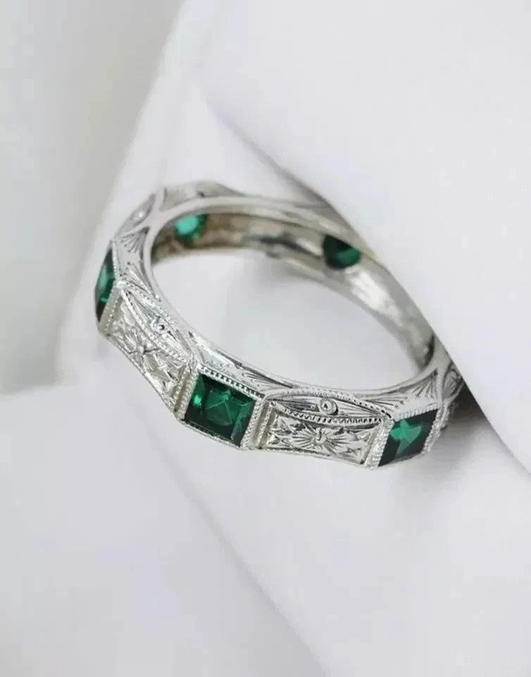 2Ct Art Deco Style Lab Created Emerald Anniversary 14K White Gold Finish Ring
