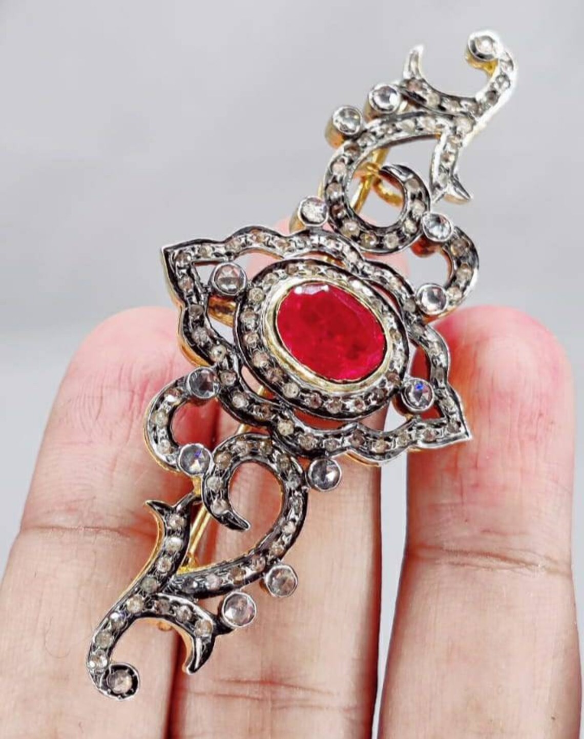 Victorian Ruby Bow Brooch Pin Rose Cut Diamond 925 Sterling Silver Antique Gift
