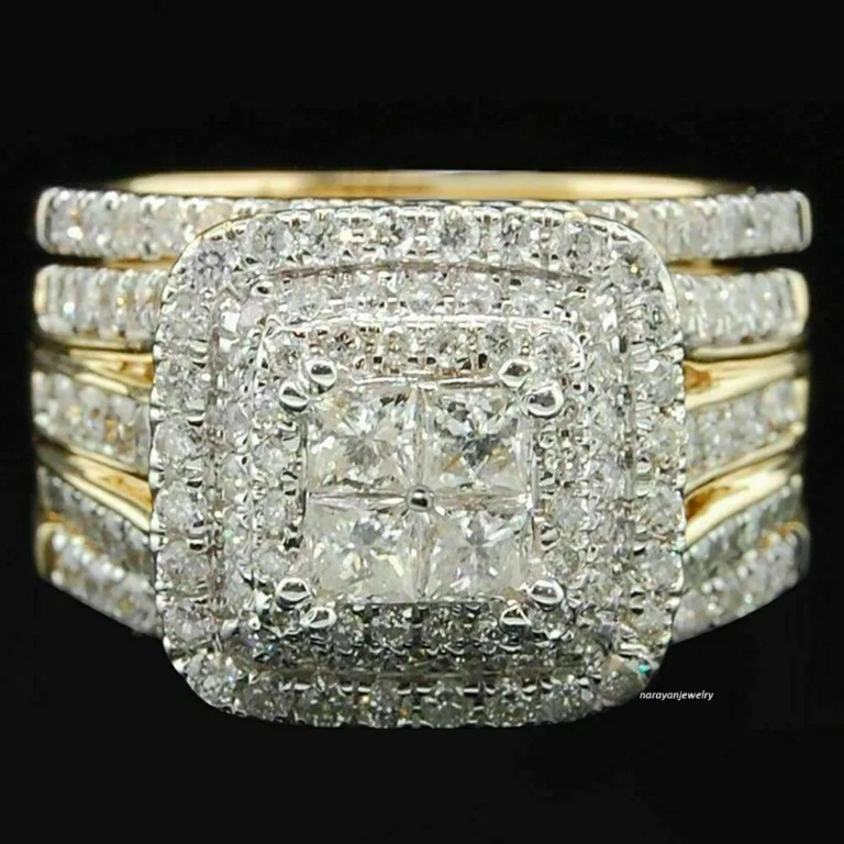 2Ct Princess Cut Real Moissanite Bridal Set Wedding Ring 14K Yellow Gold Finish