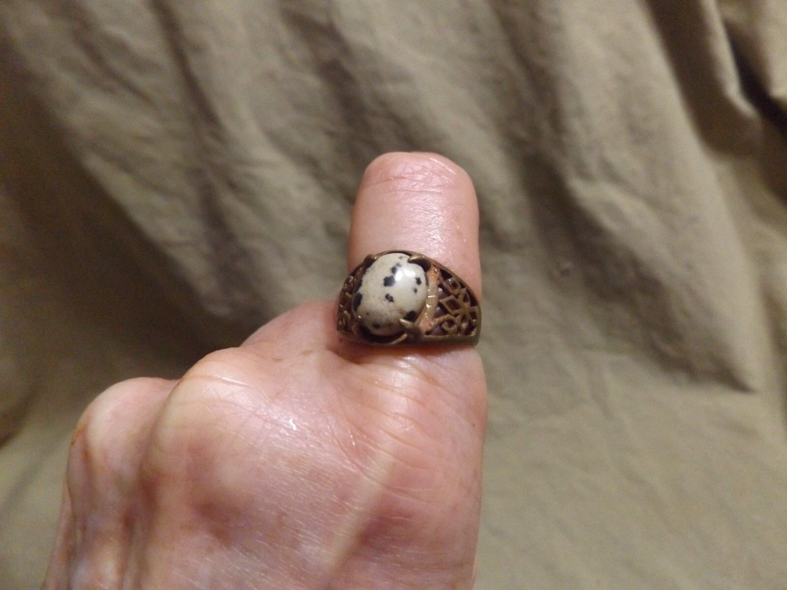 Vintage Cast Brass? Ring Dalmatian Jasper Oval Stone Unused Size 8.25+