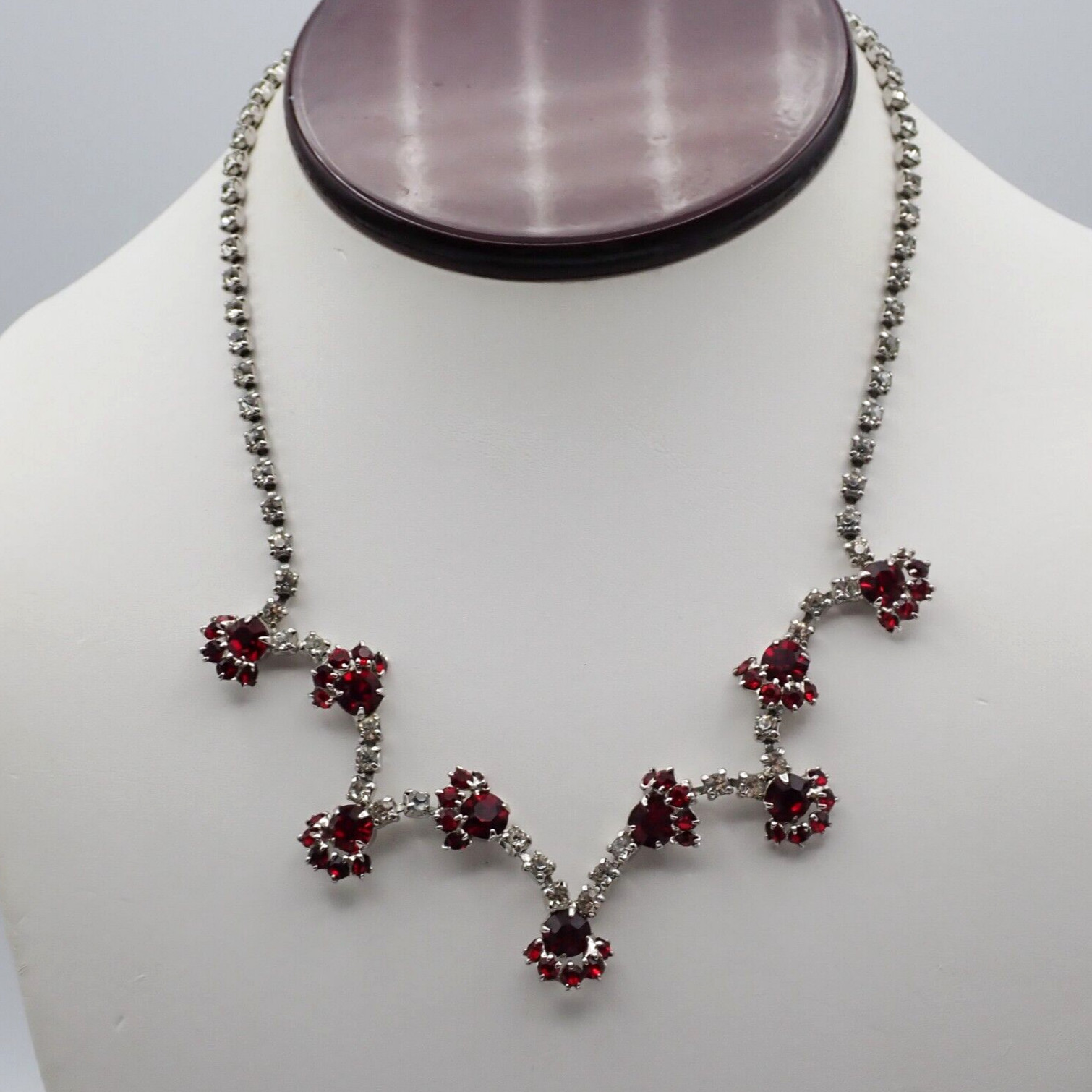 Vintage Red Clear Rhinestone Cluster Drop 16″ Adj Swag Necklace