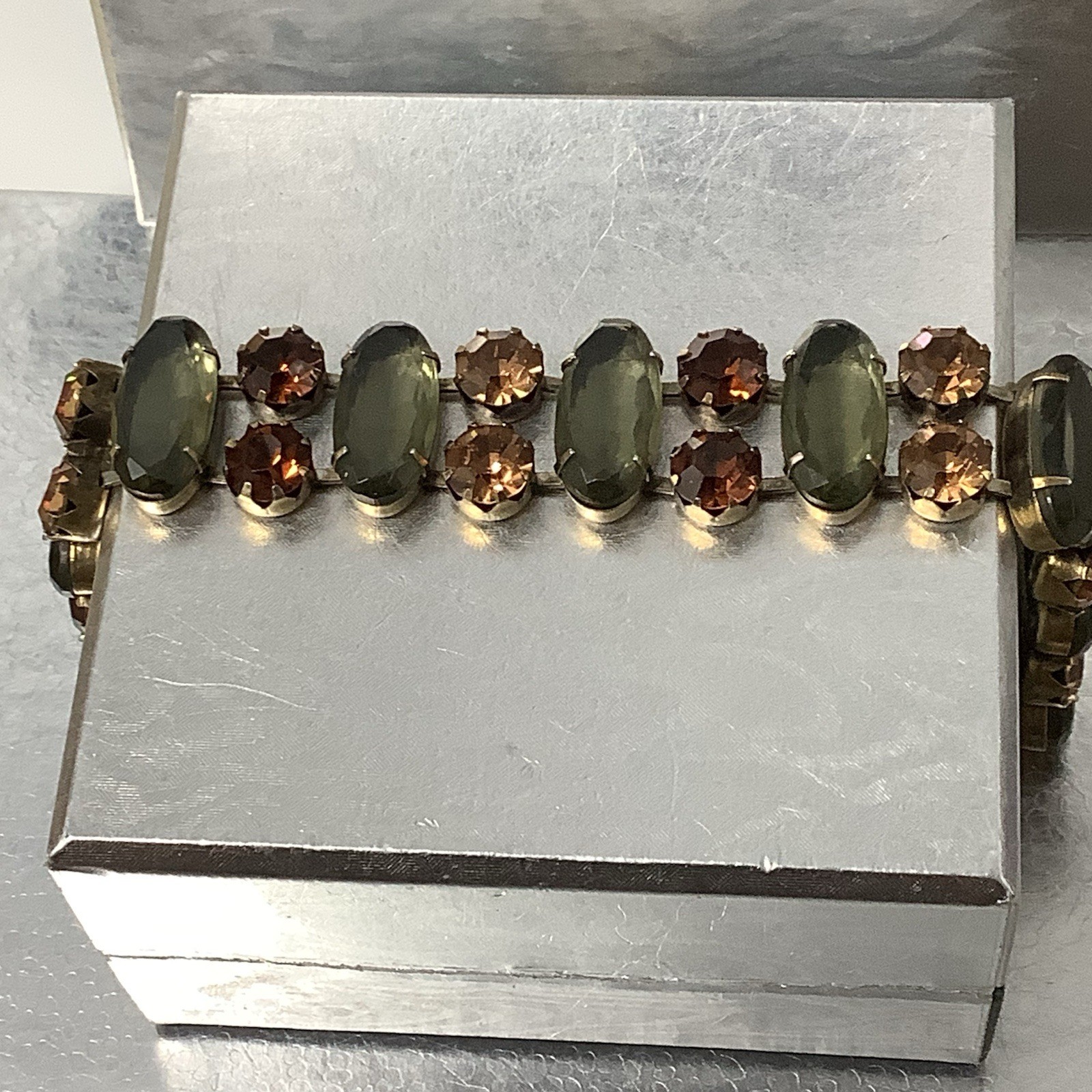 Vintage Signed Regency Golden Brown and Sage Green Crystal Bracelet 7″