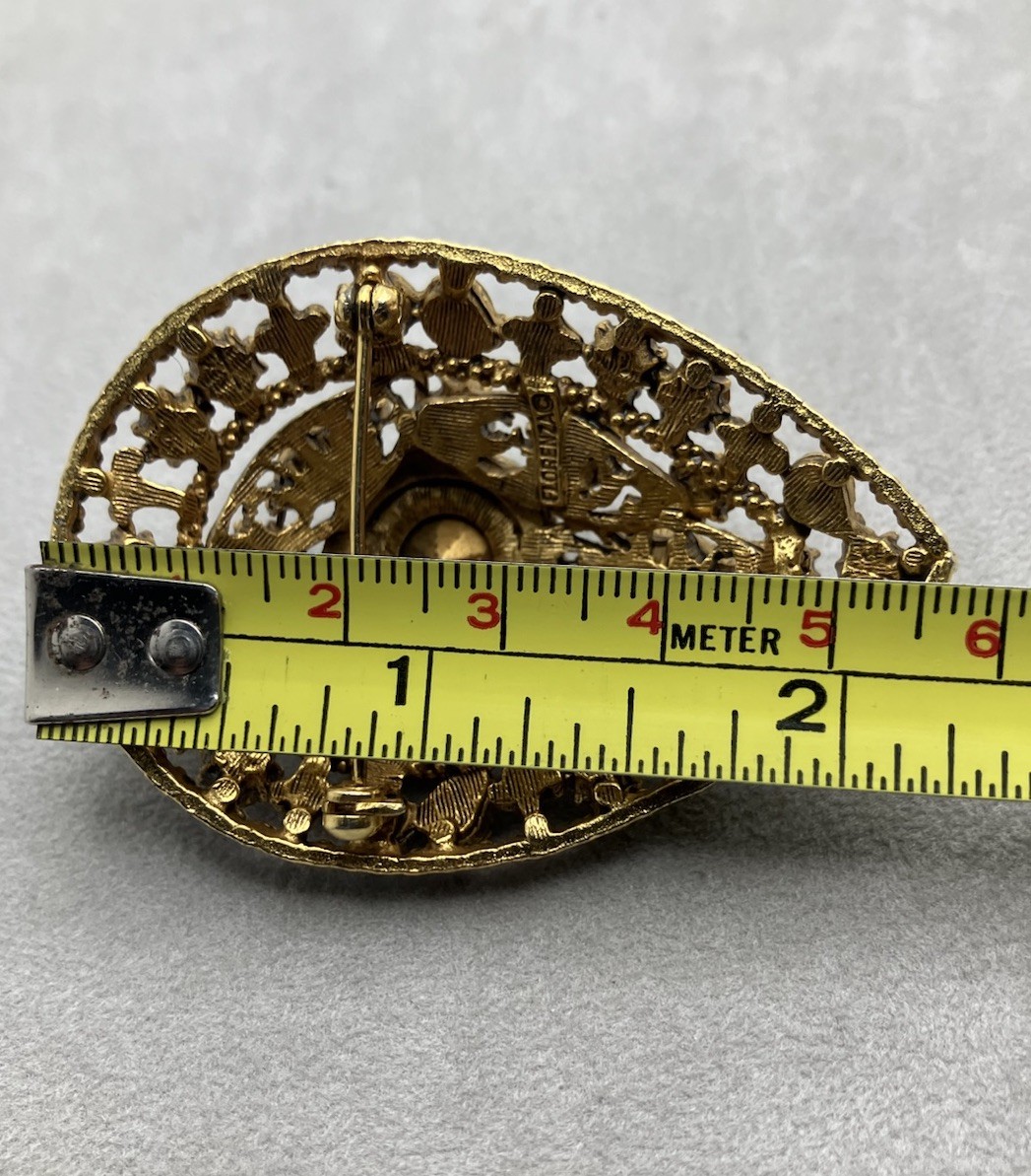 Vintage Goldtone Florenza Brooch Purple/Green Rhinestone Faux Pearls 2.25 Inch
