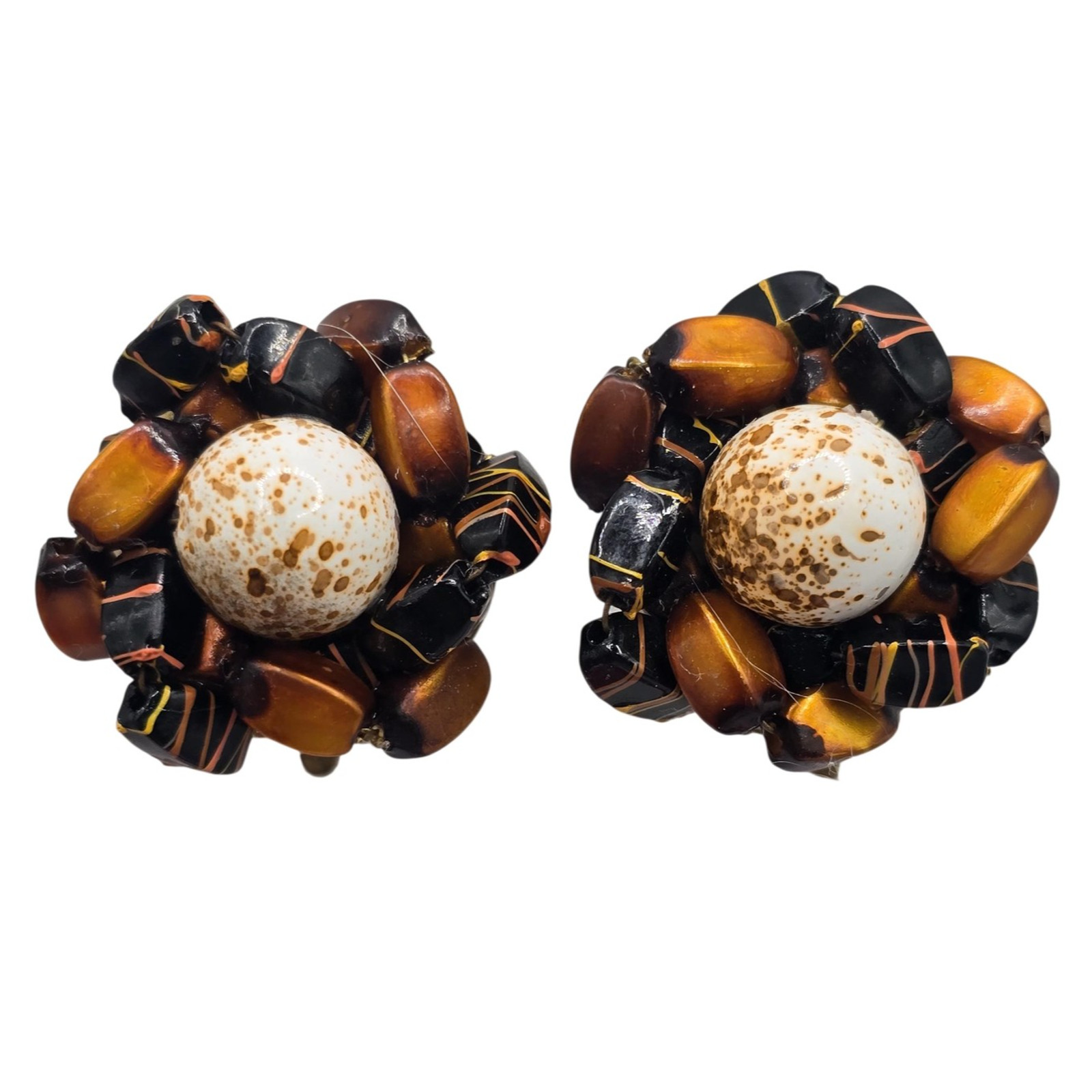 Earrings Dragon Beads Tiger Eyes Earrings Chips Hand Strung Vintage Clip On