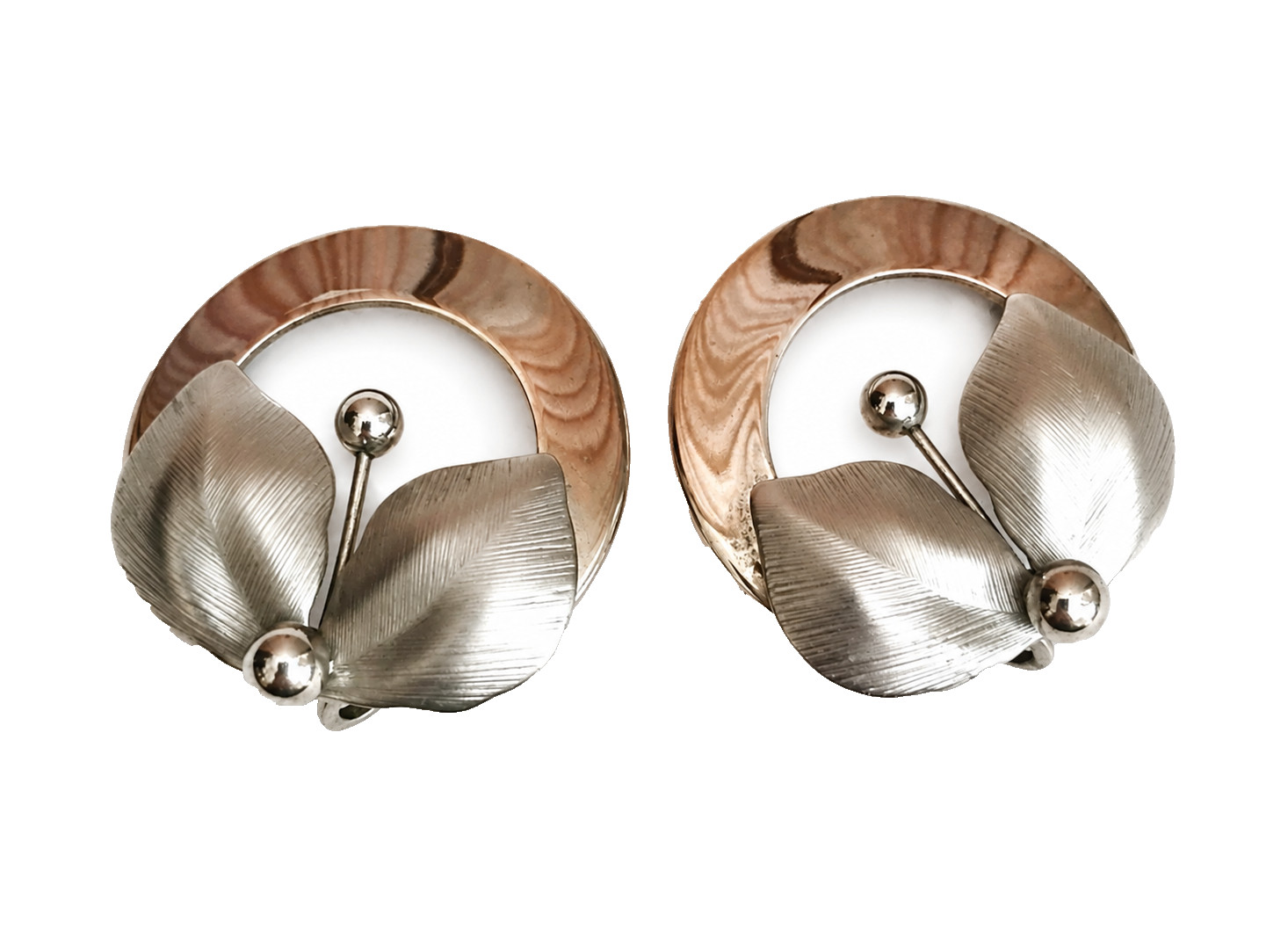1950s Emmons Silvertone Leaf & Berry Circle Clip Earrings, Hi Fashion, MCM 1959