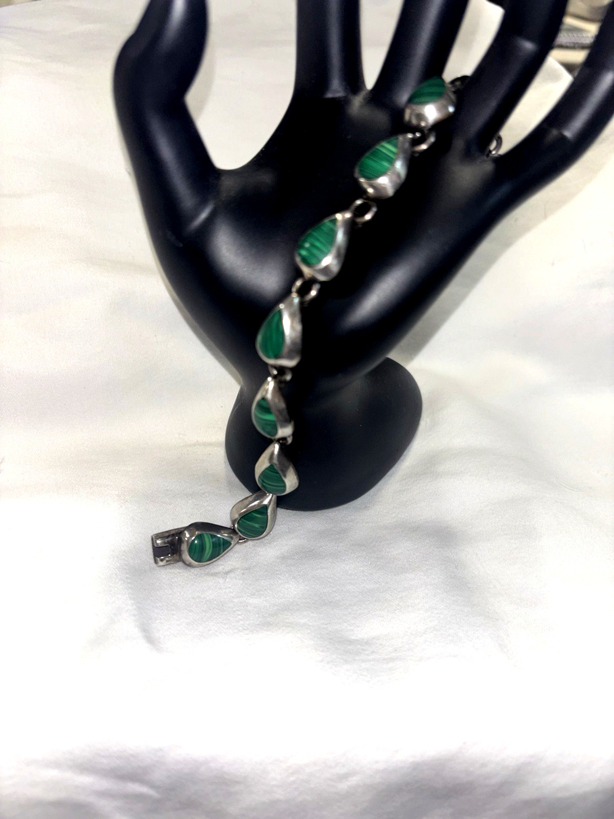 Vintage Mexican Sterling Silver Malachite Bracelet 925 MEXICO 27.48G TW 7″