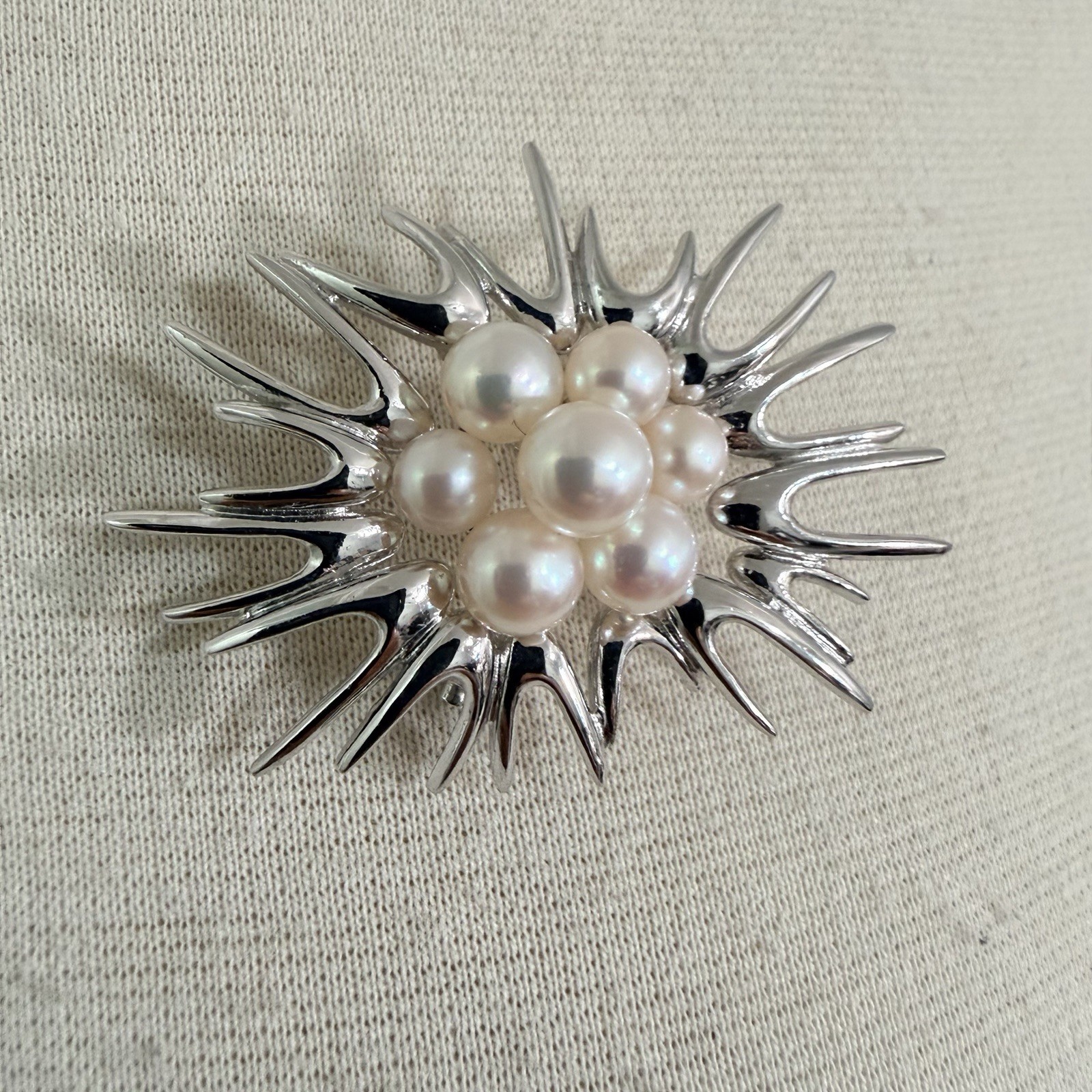 Mikimoto Akoya Starburst / Sea Urchin Pearl & Sterling Silver Vintage Brooch MCM