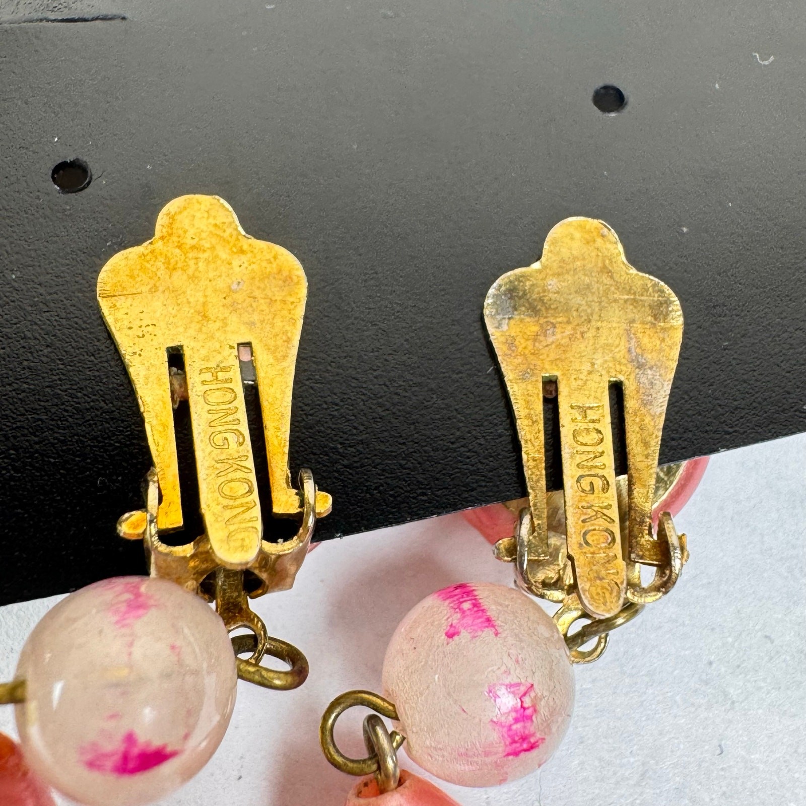 VTG Lucite Clip On Earrings Drop Dangle Hong Kong Japan Yellow Pink *set of 2*