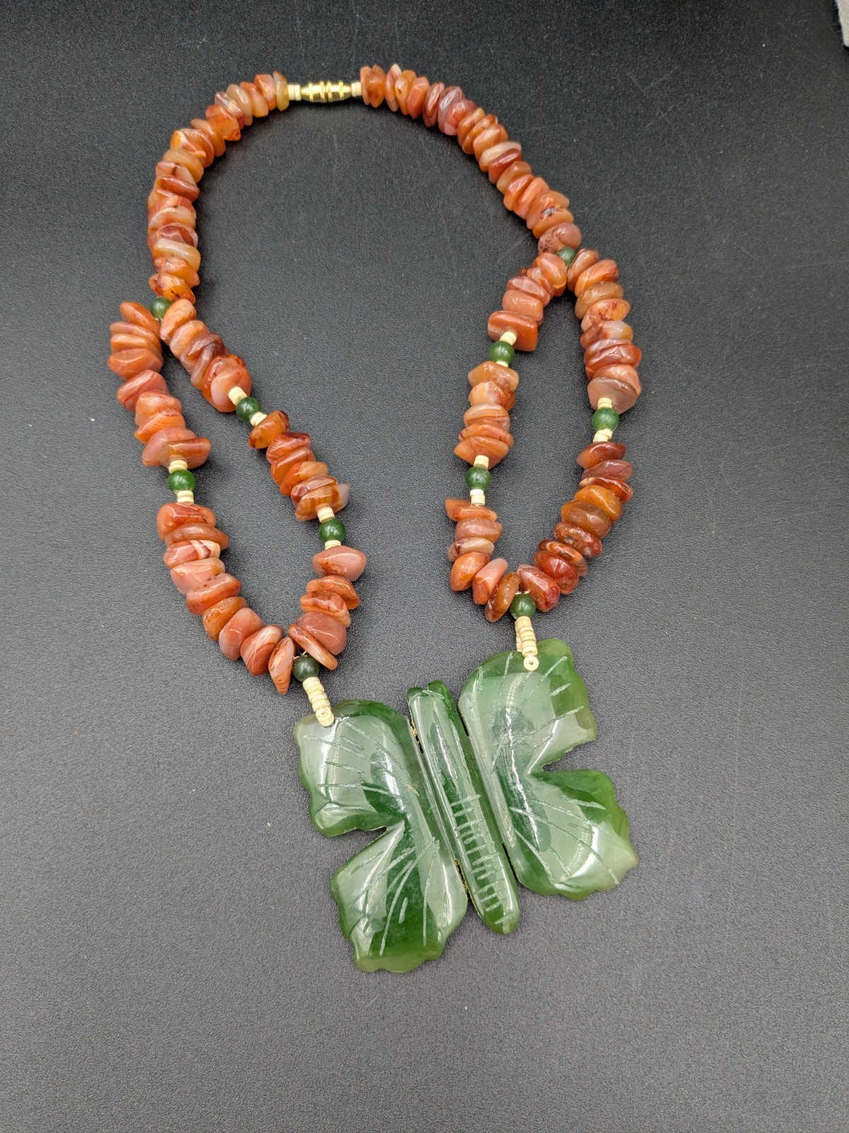 Vintage Jade and Carnelian Butterfly Pendant Statement Necklace