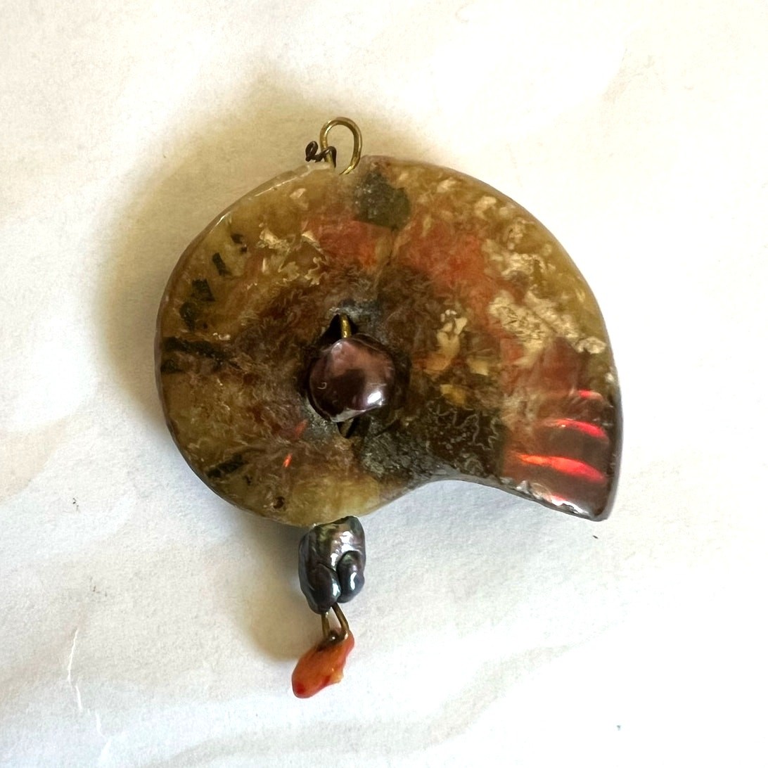 2.5″ Rainbow Ammonite Fossil Shell Pendant w/ Natural Black & Red Pearl Accents