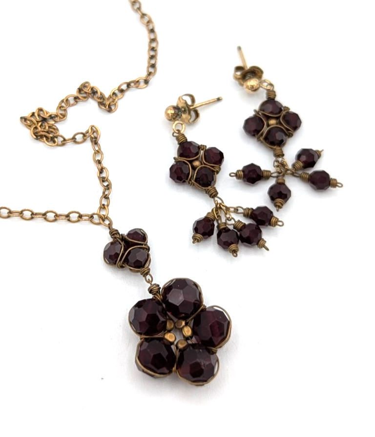 Vintage Gold Filled Garnet Glass Necklace Earrings Set Dainty Wire Wrap Dangles