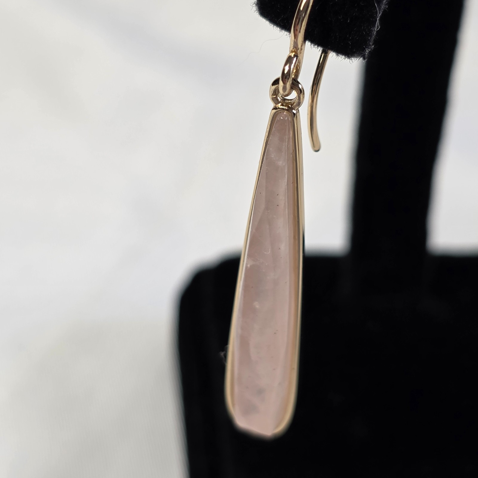 Linear Drop Wire Earrings Elongated Rose Quartz Teardrops in Gold-Tone Metal