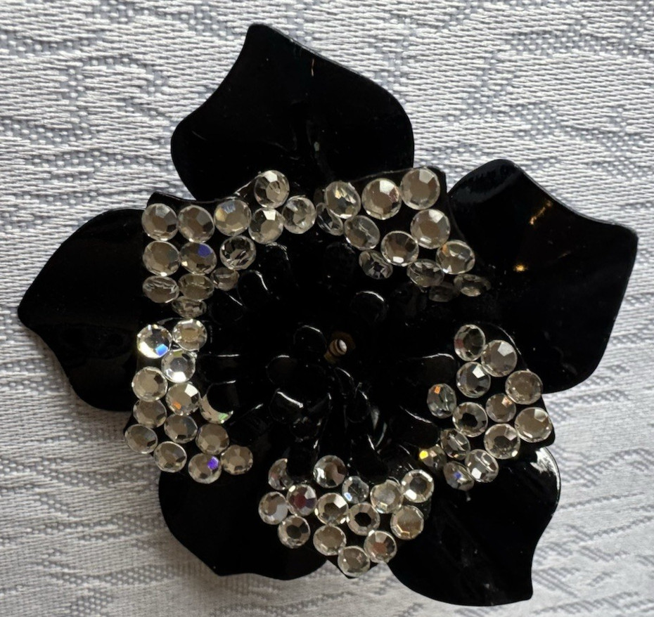 Vintage Black Enamel Flower Brooch Rhinestone Floral Statement Pin Costume Jewel