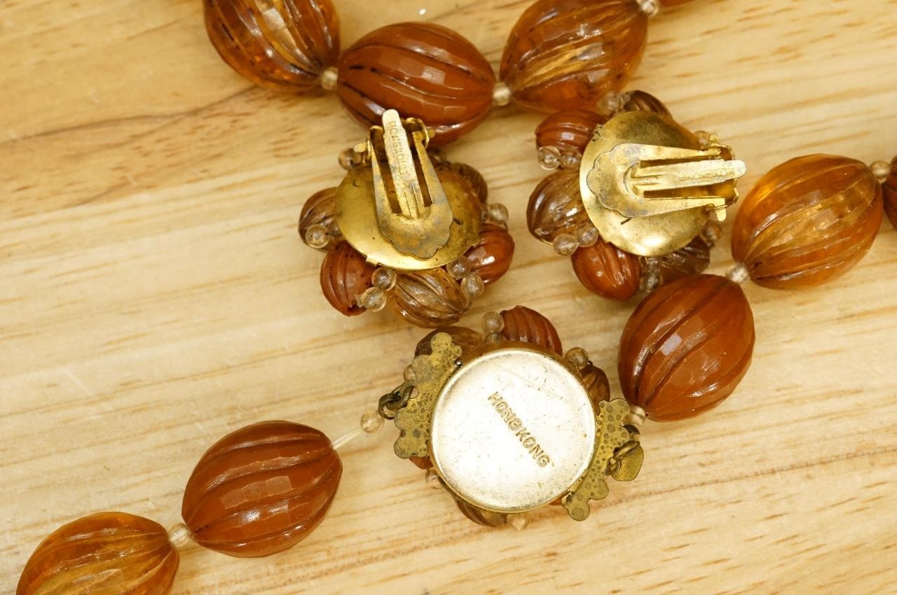 Vintage Hong Kong Costume Jewelry Amber Brown Beaded Celluloid Lucite Necklace