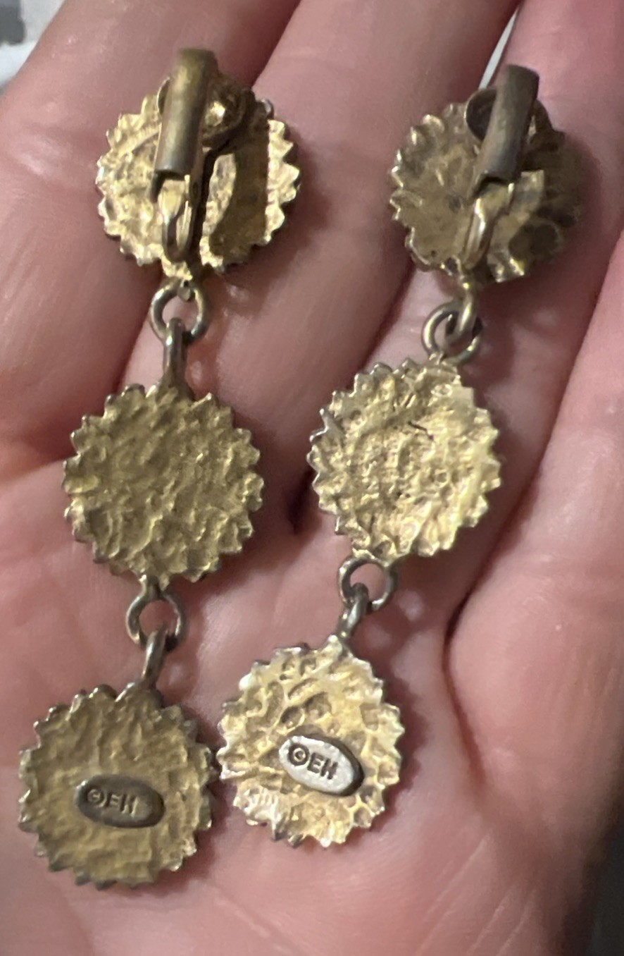 Vintage Signed EH Eivind Hillestad sunflower / daisy Clip-On Dangle Earrings