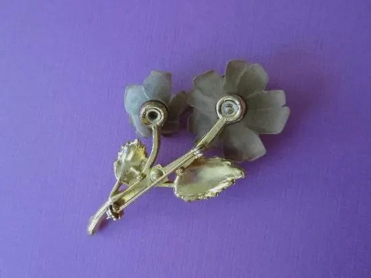Vintage Celluloid Rose Pin Light Grey Floral with Rhinestones